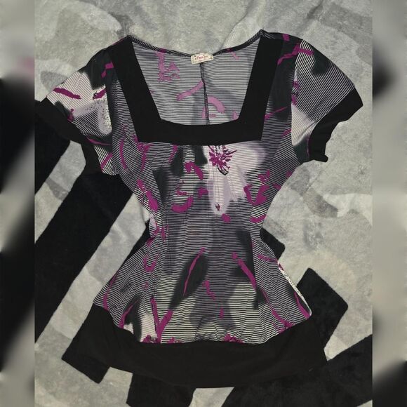 ​Y2K Frenzee USA Square Neck Blouse XL Abstract Floral Striped Top - Picture 1 of 3